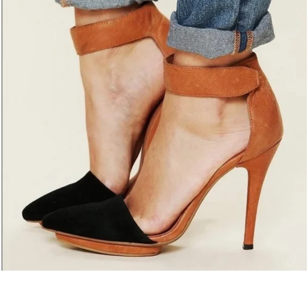 Free People x Jeffrey Campbell ‘Solitaire’ Black and Camel Ankle Strap Heels